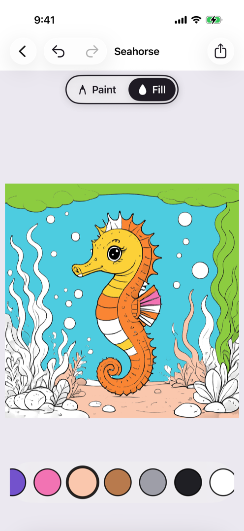 A seahorse coloring sheet half-colored in Dibus, with the crayon palette below the screen