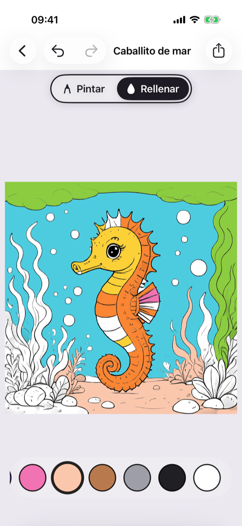 Lámina de un caballito de mar a medio colorear en Dibus, con la paleta de ceras debajo de la pantalla