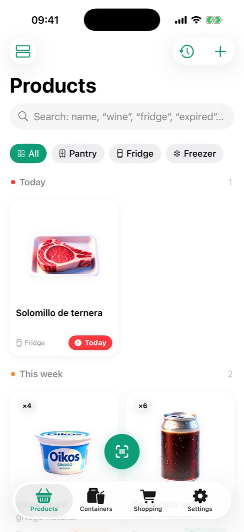 List of pantry products in FreshTrack, with a beef sirloin flagged in red because it expires today