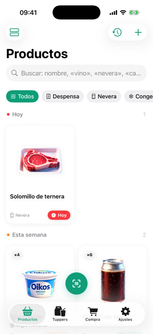 Lista de productos de la despensa en FreshTrack, con un solomillo de ternera marcado en rojo porque caduca hoy